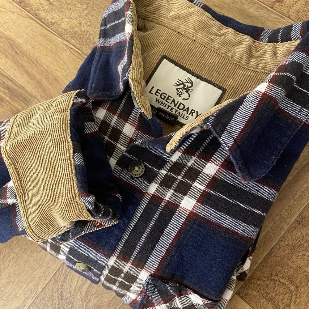 Legendary Whitetails Flannel Shirt Mens Medium Plaid Corduroy Trim Buck Camp
